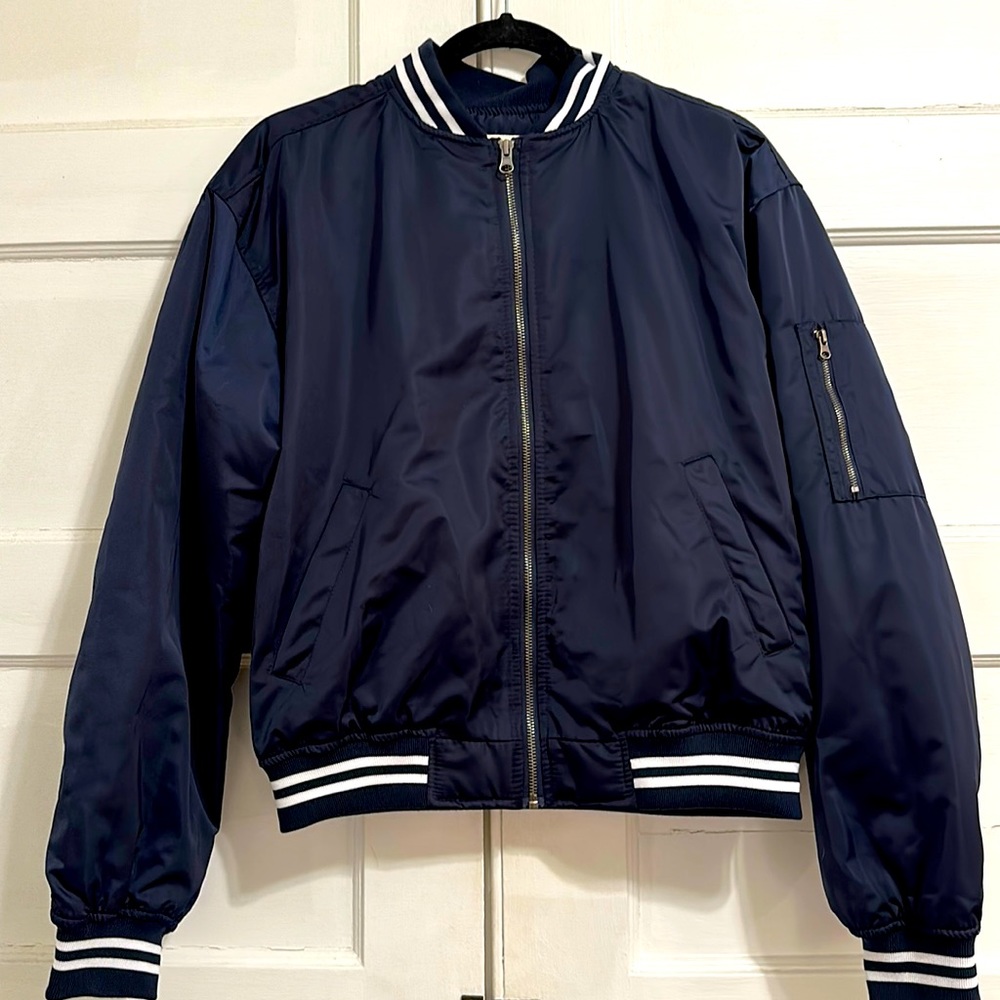 Navy satin bomber jacket